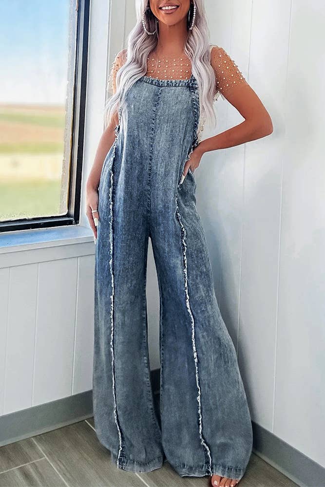 Washed Raw Hem One Piece Wide Leg Jumpsuit Overall YYNZ020: Light Blue / XL