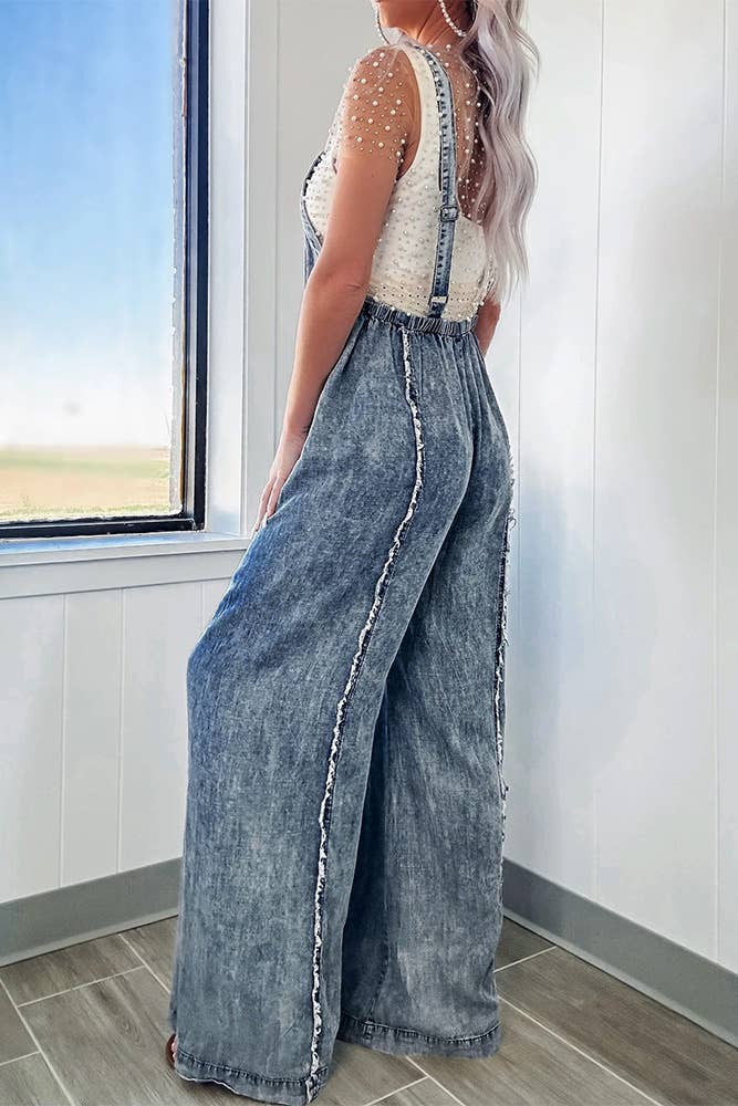 Washed Raw Hem One Piece Wide Leg Jumpsuit Overall YYNZ020: Light Blue / L