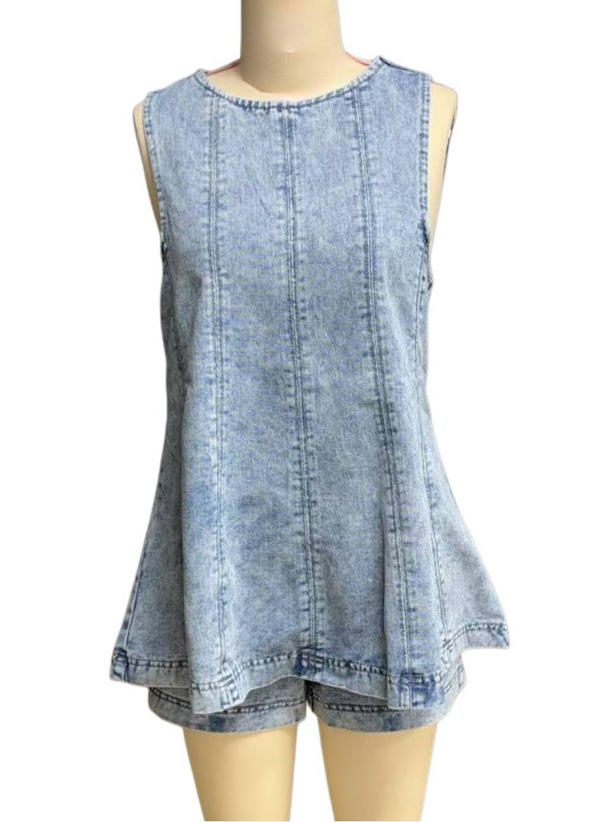 Western Chic Sleeveless Shift Top & Shorts Denim Set