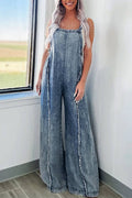 Washed Raw Hem One Piece Wide Leg Jumpsuit Overall YYNZ020: Light Blue / S