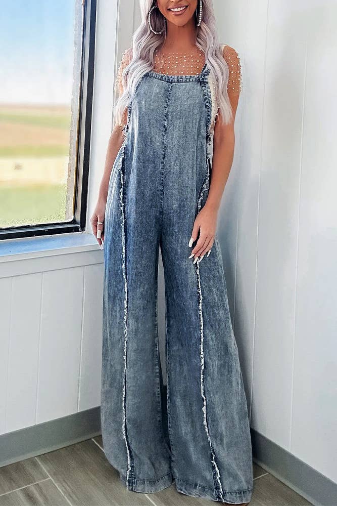Washed Raw Hem One Piece Wide Leg Jumpsuit Overall YYNZ020: Light Blue / S