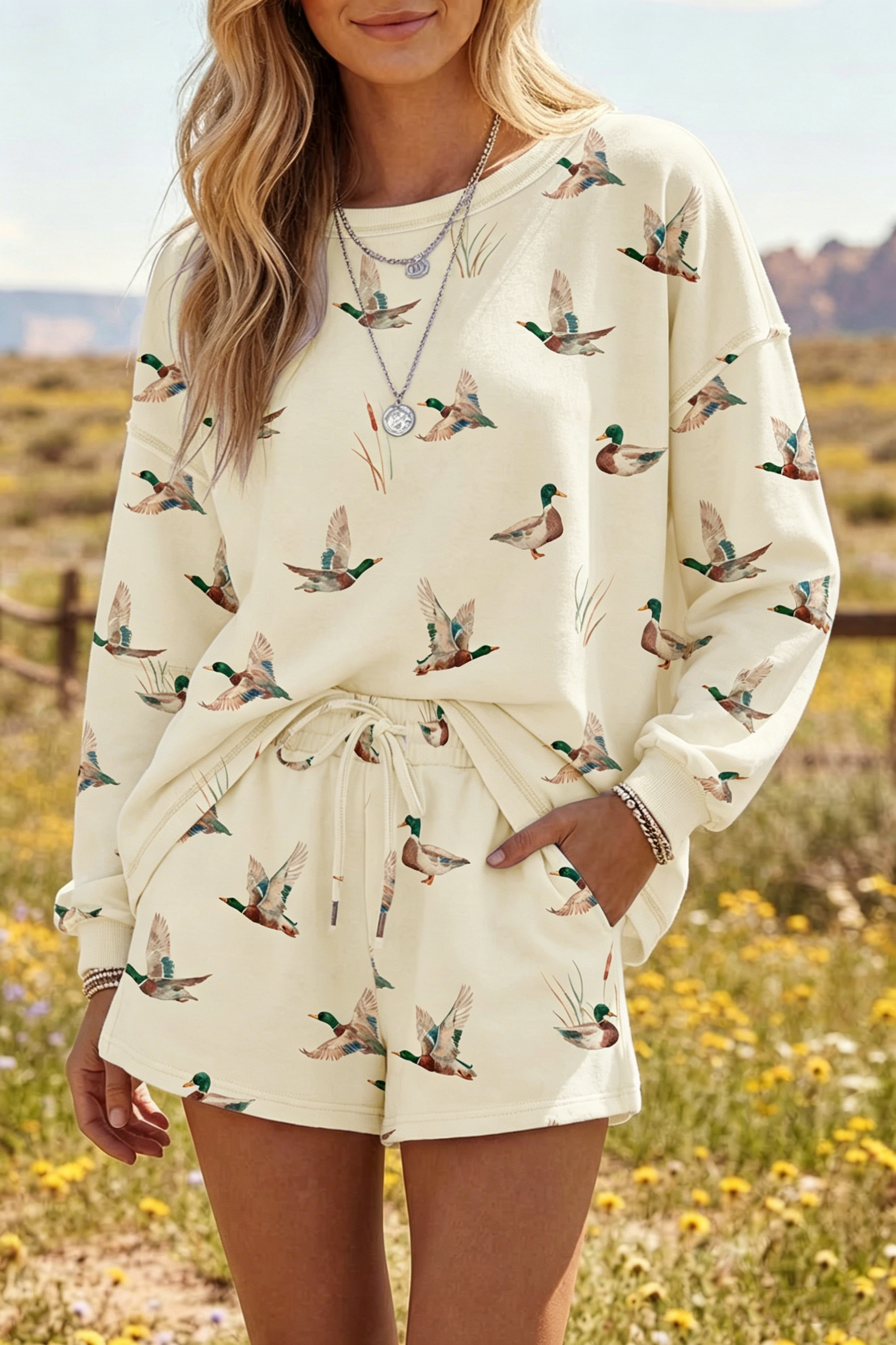 LDC Shift High Waist Mallard Duck Print Short Sleeve Set