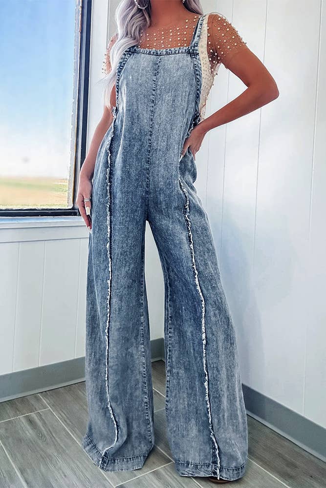 Washed Raw Hem One Piece Wide Leg Jumpsuit Overall YYNZ020: Light Blue / S