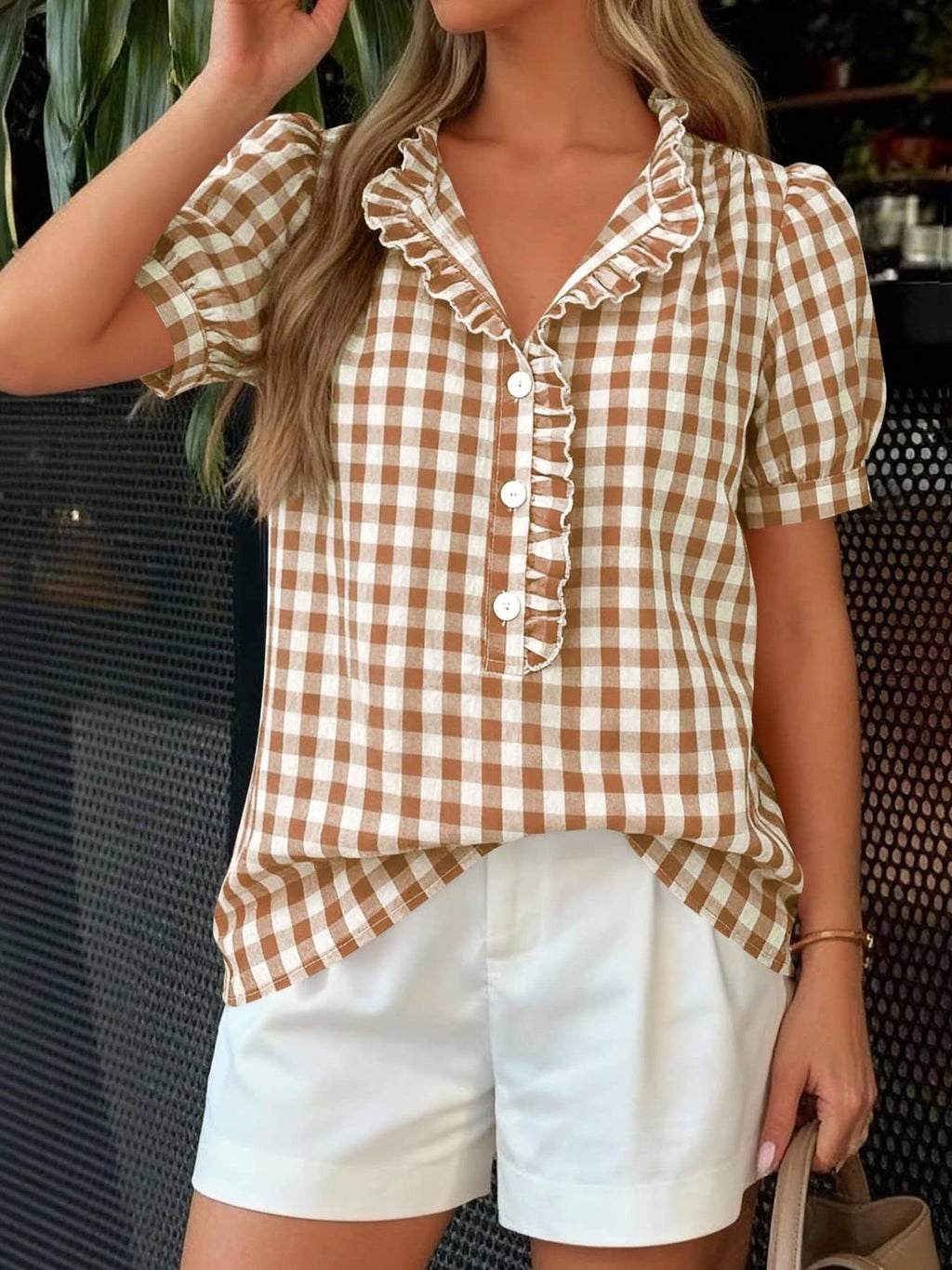 Western Retro Ruffles Detail Gingham Plaid Button Top